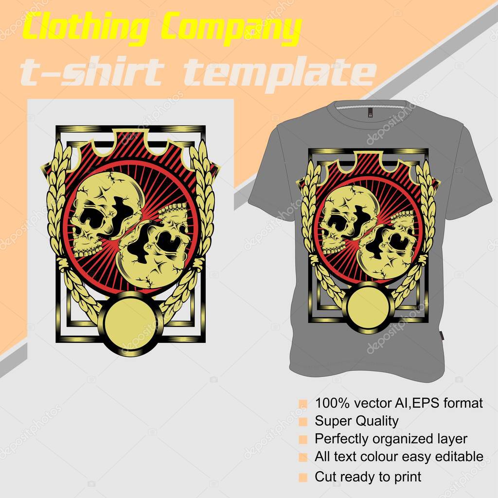 T-shirt template, fully editable with double skull vector