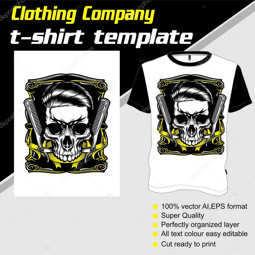 T-shirt template, fully editable with skull barber shop vector