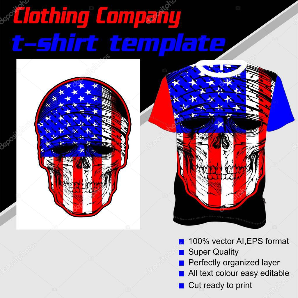 T-shirt template, fully editable with skull flag USA shop vector