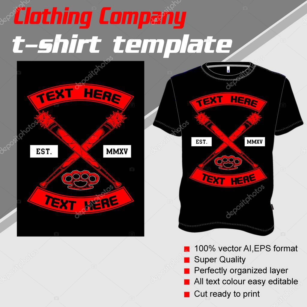T-shirt template, fully editable with cross baseball bat vector