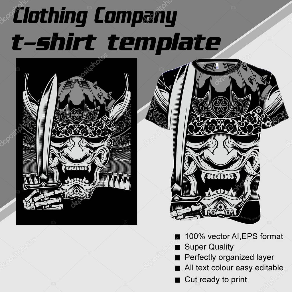 T-shirt template, fully editable with skull handling sword vector