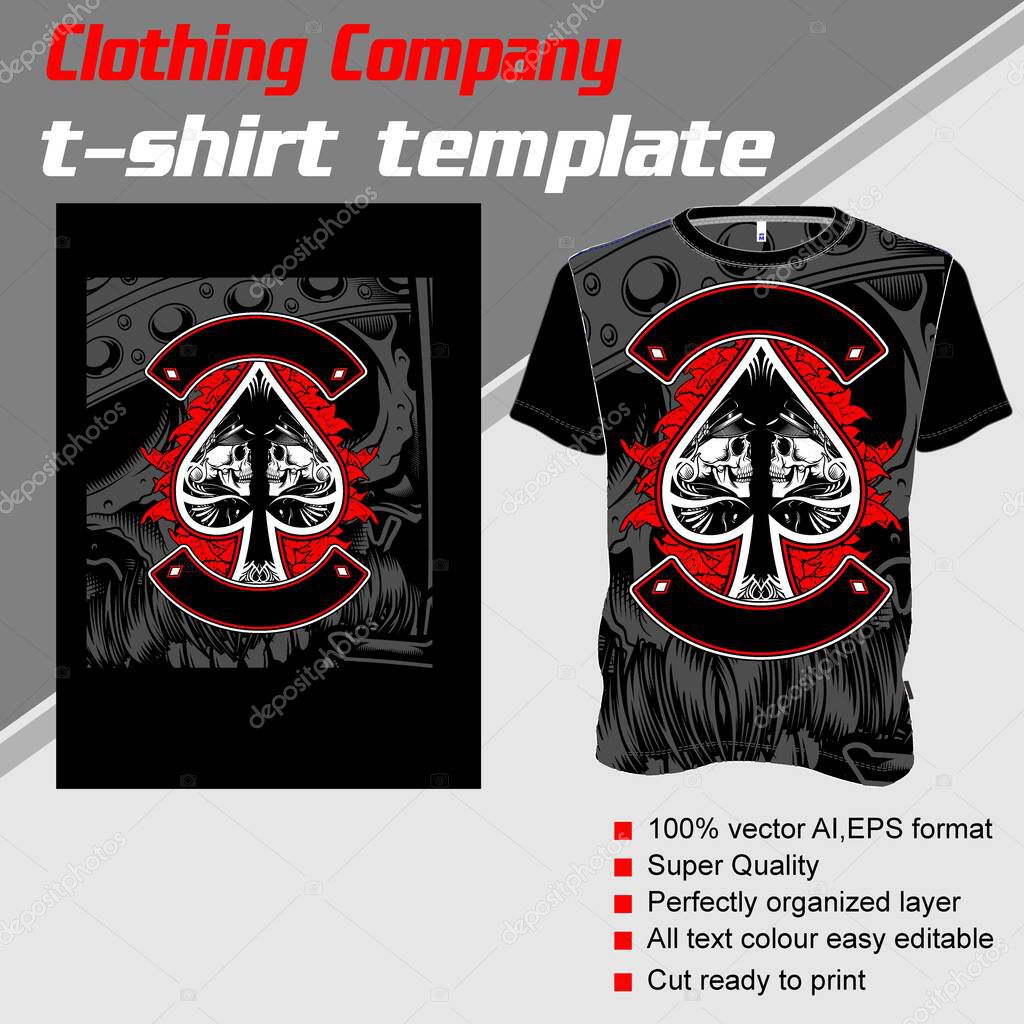 T-shirt template, fully editable with skull ace scoop vector