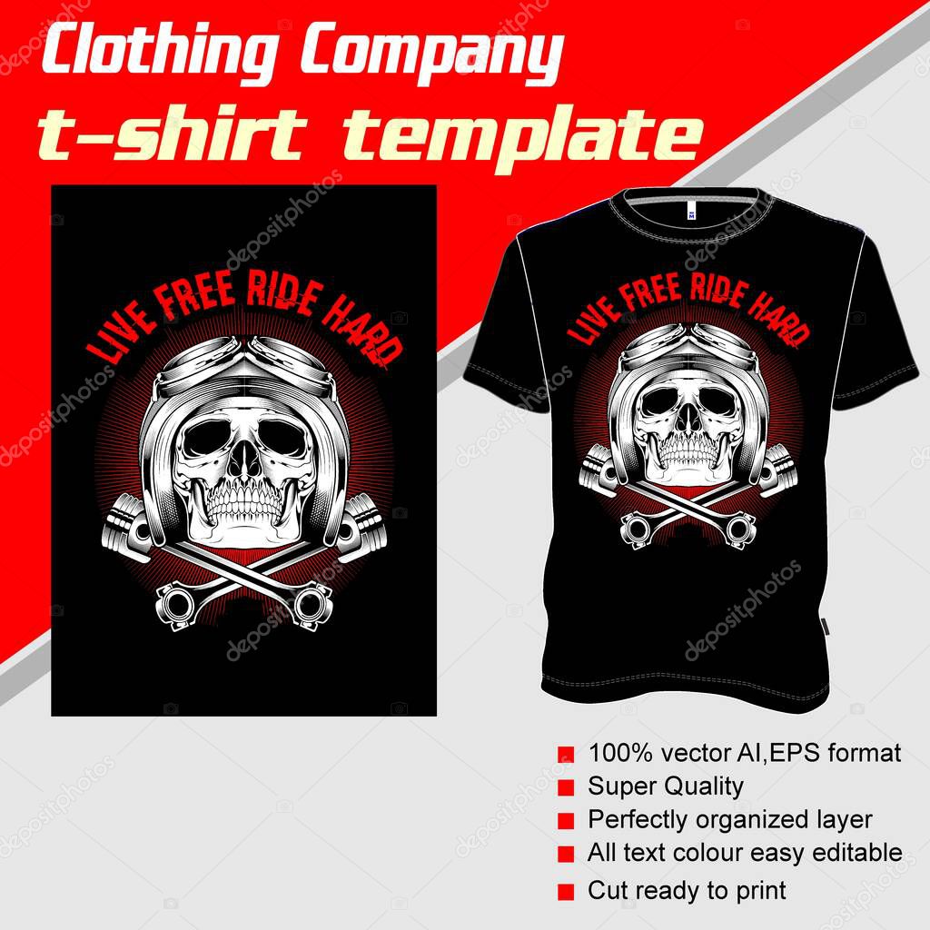 T-shirt template, fully editable with skull helmet vector