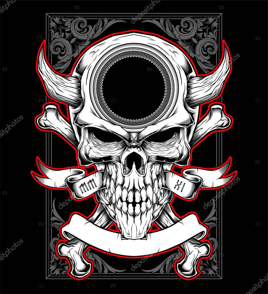 Skull head with horn hand drawing vector