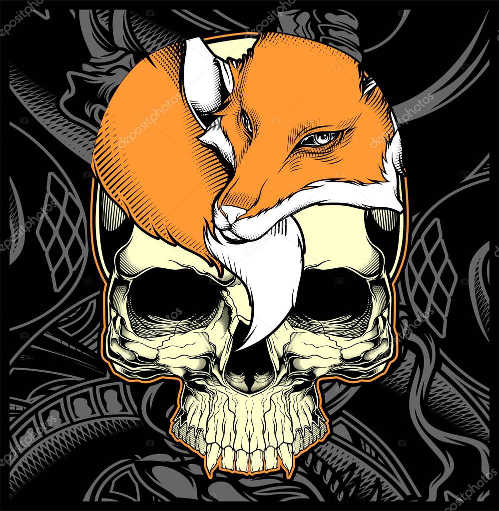 Head skull and fox hand drawing vector