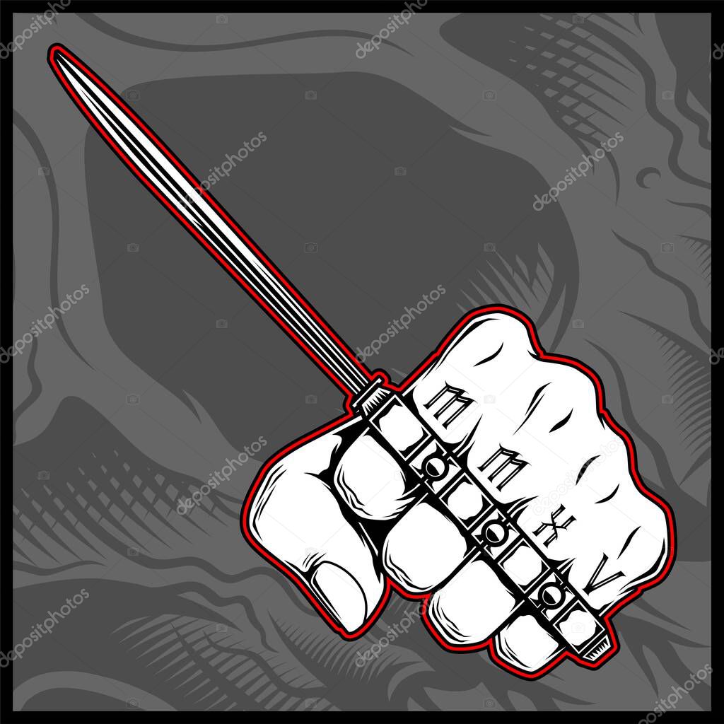hand holding a knuckle knife hand drawing vector