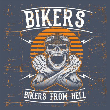 grunge stili kafatası motorcuları retro kask el çizim vektörü takıyorlar