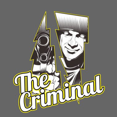 Silah tutan suçlu. Vektör el çizimi, gömlek tasarımları, motorcu, disk jokey, beyefendi, berber ve diğerleri. İzole edilmiş ve düzenlenmesi kolay. Vektör İllüstrasyonu - Vektör