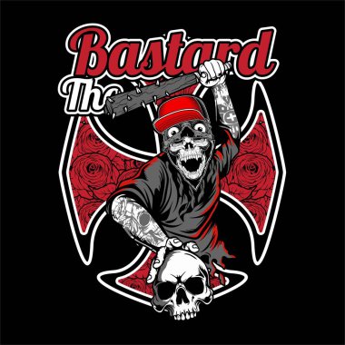 Beyzbol sopası tutan piç kafatası. Vektör el çizimi, tişört tasarımcısı, motosikletçi, diskjokey, beyefendi, berber ve diğerleri. İzole edilmiş ve düzenlenmesi kolay. Vektör İllüstrasyonu