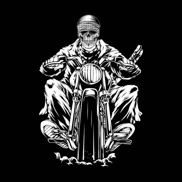 Caveira montando um crânio de motocicleta montando um desenho de mão motorcycle.vector, desenhos de camisa, motociclista, disc jockey, cavalheiro, barbeiro e muitos outros. Ilustração vetorial — Vetor de Stock