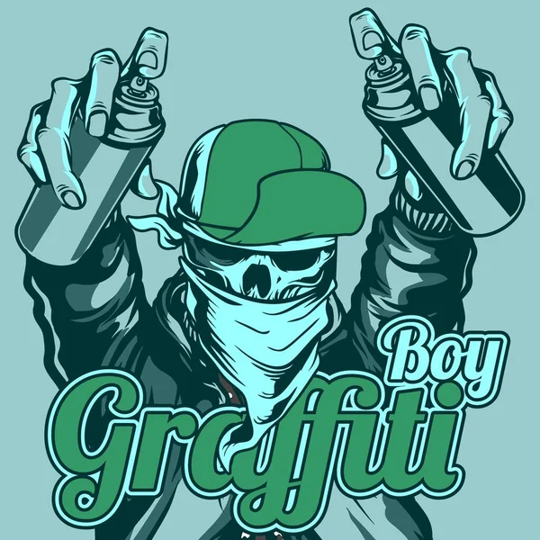 Grafiti çocuk kafatası şapkalı ve bandanalı sprey boya, el çizimi vektörü