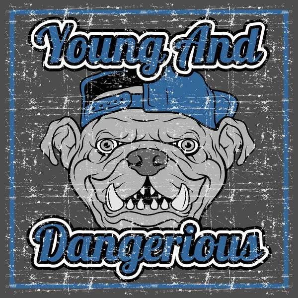 Estilo grunge cita vectorial acerca de jóvenes y peligrosos con bulldog usando tapa mano dibujo vector — Archivo Imágenes Vectoriales