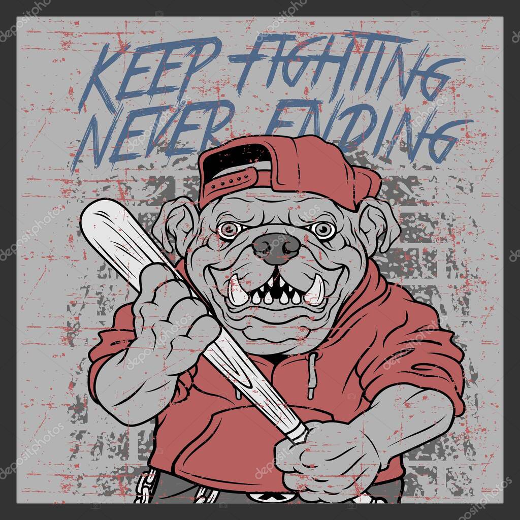 Grunge style vintage bulldog handling baseball bats and wearing cap hand drawing vector