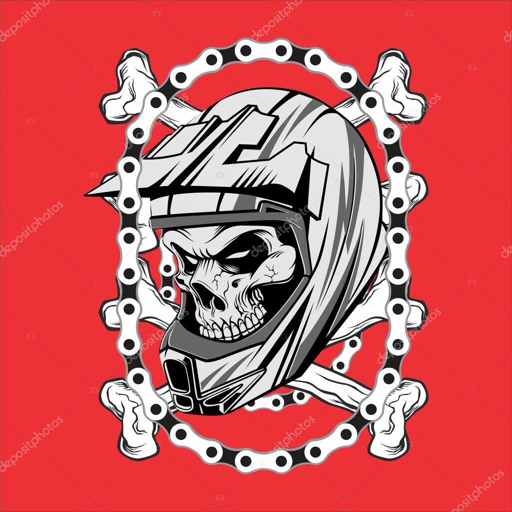 skull wearing helmet motocross with chain.vector hand drawing,Shirt designs, biker, disk jockey, gentleman, barber and many others.isolated and easy to edit. Vector Illustration - Vector