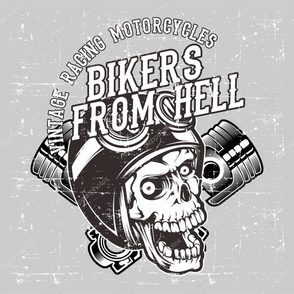grunge style skull wearing helmet retro and piston hand drawing vector