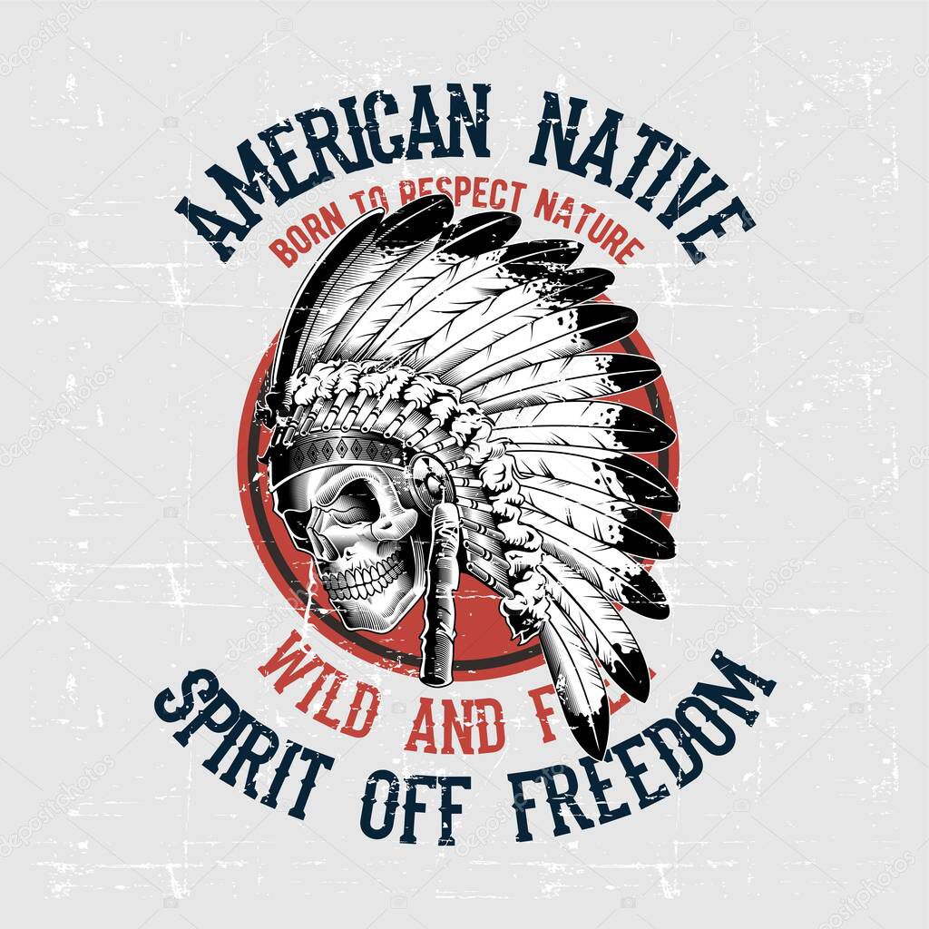 grunge style skull american native hand drawing vector