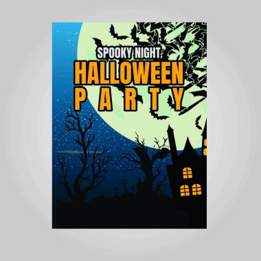 Cadılar Bayramı partisinin arka planında kafatası, el ilanı ya da Cadılar Bayramı partisi için davetiye şablonu var. Vektör illüstrasyonu.