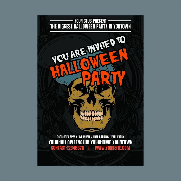 Halloween party notte sfondo verticale con teschio, Volantino o modello di invito per Halloween party. Illustrazione vettoriale . — Vettoriale Stock