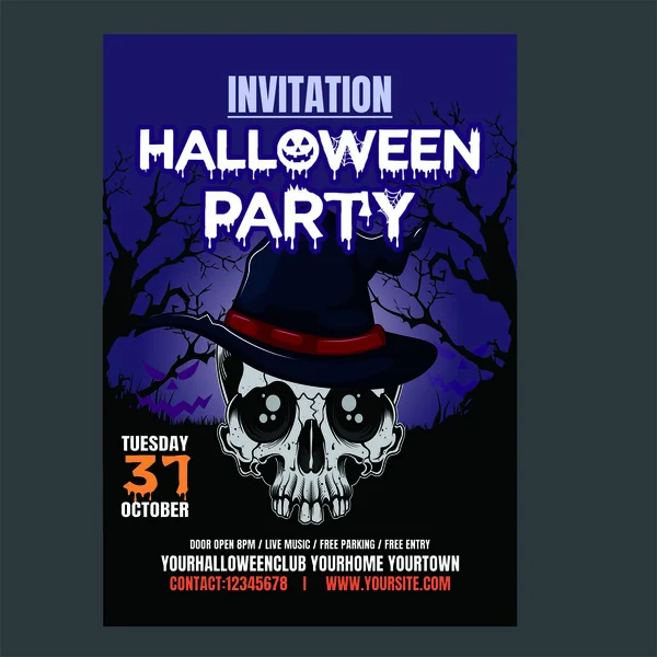Halloween party notte sfondo verticale con teschio, Volantino o modello di invito per Halloween party. Illustrazione vettoriale . — Vettoriale Stock