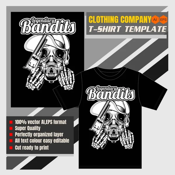 Maqueta de empresa de ropa, plantilla de camiseta, calavera con un sombrero sosteniendo una pistola y dedo fuck-vector — Vector de stock