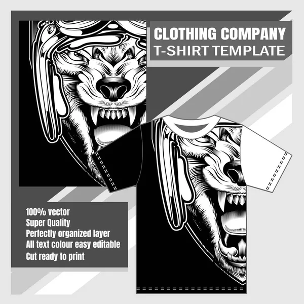 Maqueta de empresa de ropa, plantilla de camiseta, enojado y rugir lobo — Vector de stock
