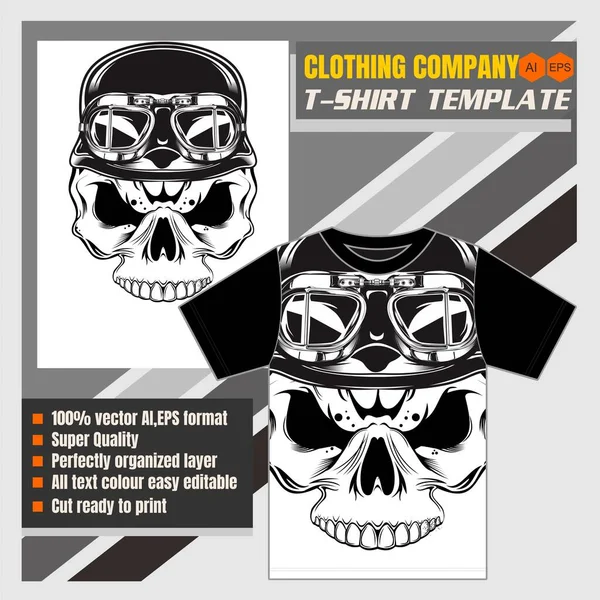 Maqueta de empresa de ropa, plantilla de camiseta, cráneo con casco retro-vector — Vector de stock