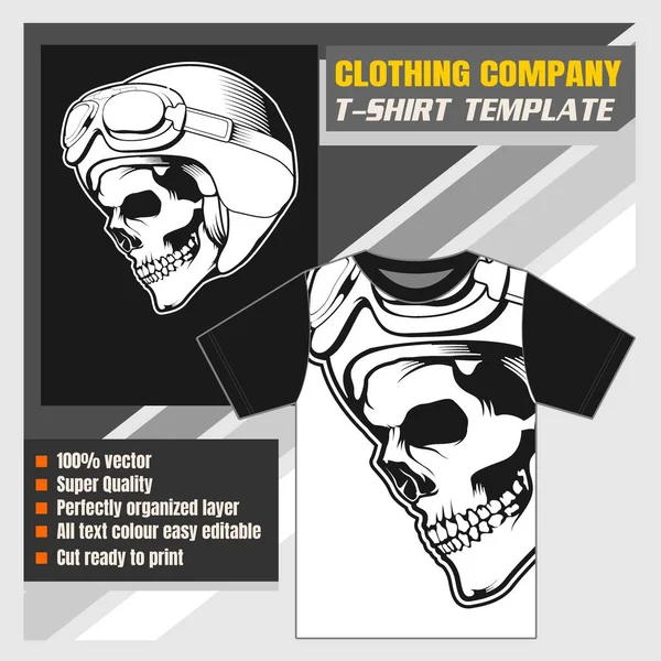 Maqueta de empresa de ropa, plantilla de camiseta, moteros de cráneo con casco — Vector de stock