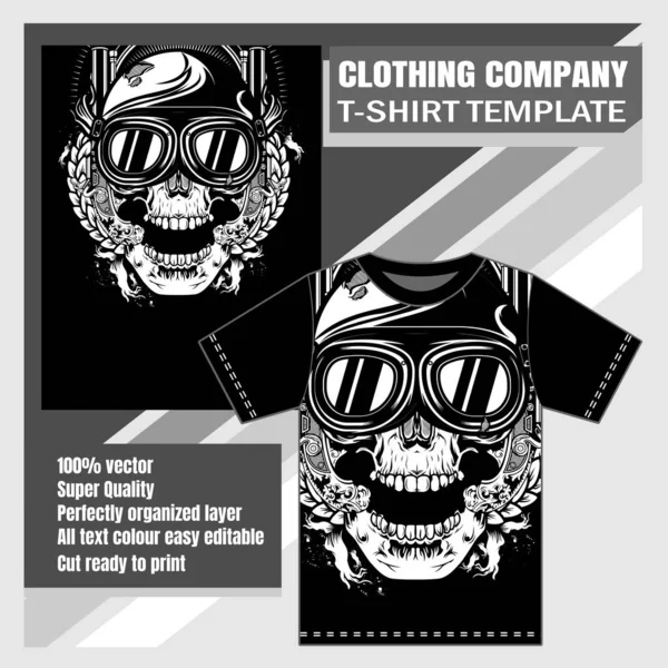 Maqueta de empresa de ropa, plantilla de camiseta, cráneo con casco mano dibujo vector — Vector de stock