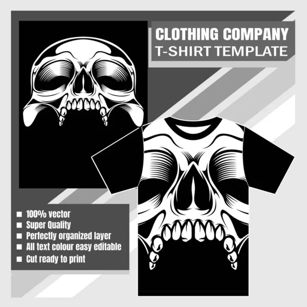 Maqueta de empresa de ropa, plantilla de camiseta, calavera dibujo a mano vector — Vector de stock