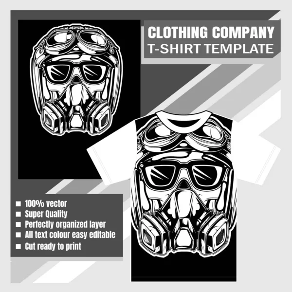 Maquette entreprise de vêtements, modèle de t-shirt, crâne portant un casque rétro dessin à la main vecteur — Image vectorielle