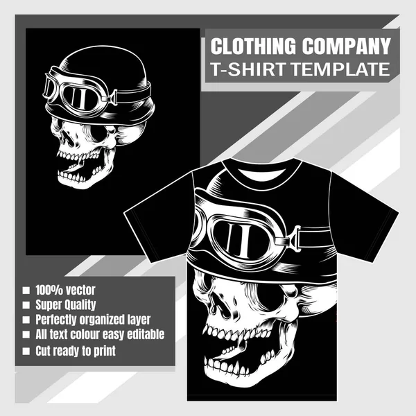 模拟服装公司，T恤衫模板，头盖骨头戴复古头盔手绘向量 — 图库矢量图片