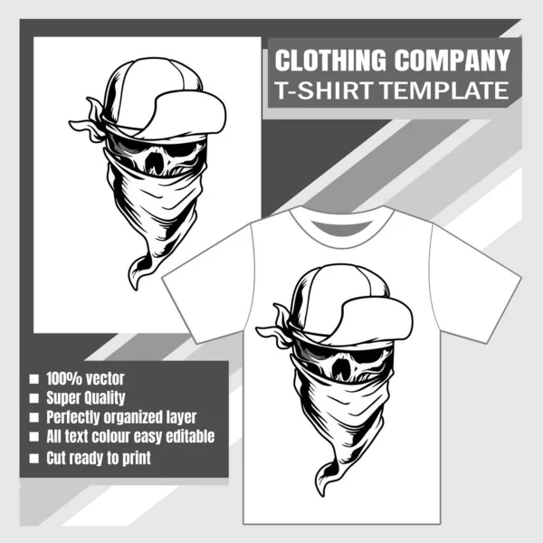 Makiety firmy odzieżowej, szablon t-shirt, czaszka noszenia czapki i bandana wektor ilustracji — Wektor stockowy
