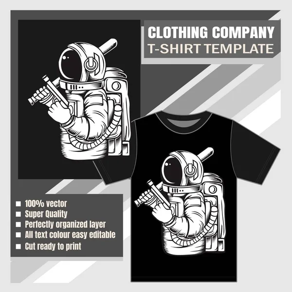 Maqueta de empresa de ropa, plantilla de camiseta, astronauta vector ilustración — Vector de stock
