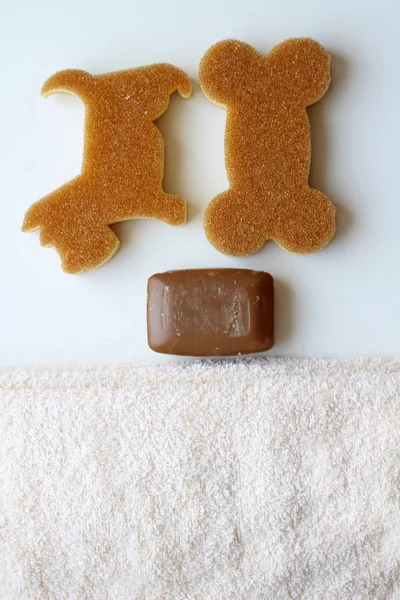 A brown soap bar, a beige towel and two washcloth in the form of a dog and a bone. Top view.