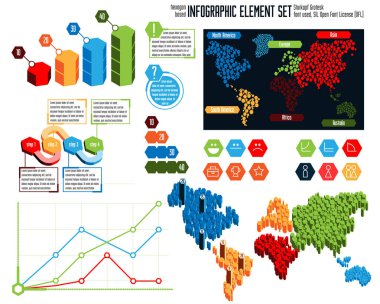 altıgenlere dayalı stilize edilmiş dünya haritası ve simgeler de dahil olmak üzere çok renkli bilgi grafiği öğeleri koleksiyonu