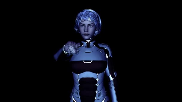 Een Futuristisch Ogende Vrouwelijke Robot Klikt Een Onzichtbaar Scherm Opent — Stockvideo