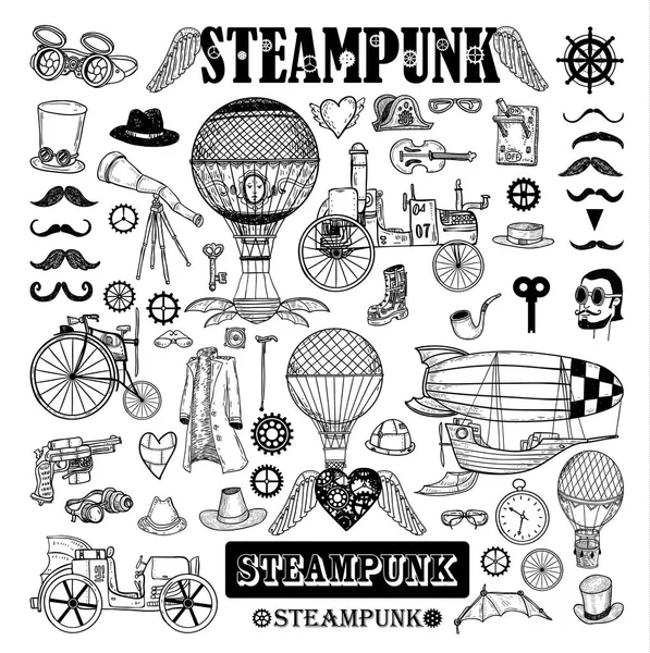 Steampunk koleksiyonu, elle çizilmiş vektör çizim.
