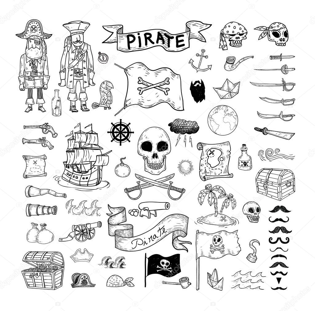  doodle pirate elememts, vector illustration.