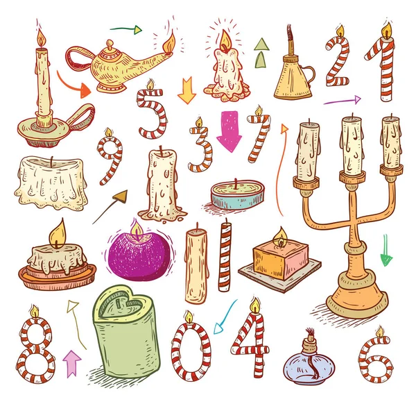 Verzameling Kaarsen Kaarsen Iconen Getekende Illustratie — Stockfoto