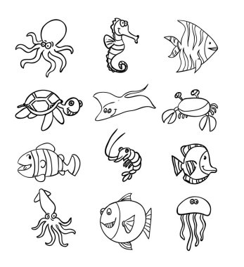 Deniz yaşamı seti simgeleri, vektör illüstrasyon.