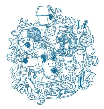 Pet simgeler doodle seti, vektör illüstrasyon. 