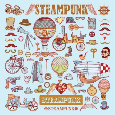 Steampunk koleksiyonu, elle çizilmiş vektör çizim.