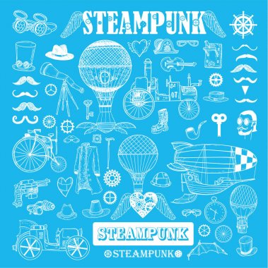 Steampunk koleksiyonu, elle çizilmiş vektör çizim.