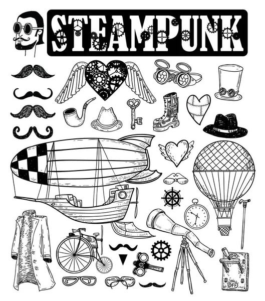 Steampunk koleksiyonu, elle çizilmiş vektör çizim. — Stok Vektör
