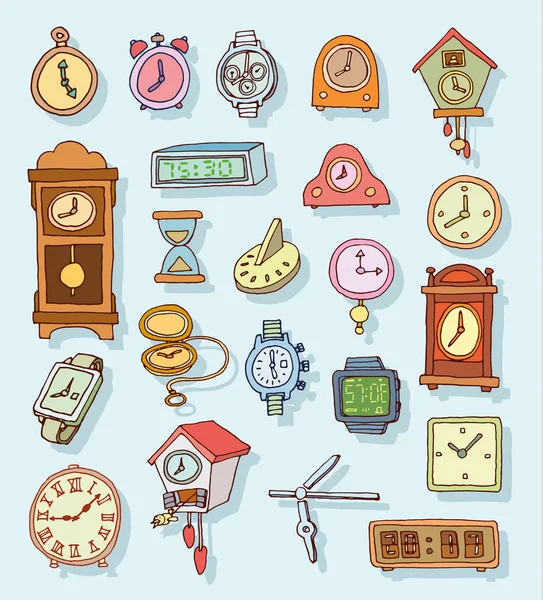 Set van klokken en horloges, hand getekende vector illustratie. — Stockvector