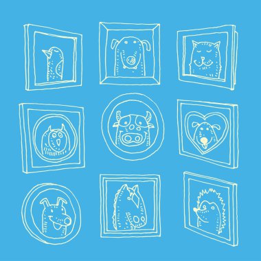Hayvanlar portre, el çizilmiş vektör illu ile resim çerçeveleri ayarlayın