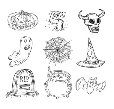 Cadılar Bayramı elemanları karalamalar. vektör illüstrasyon