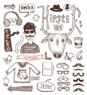 Hipster kümesi doodle, çizilen illüstrasyon ver..   