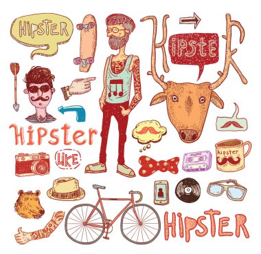 Hipster kümesi doodle, çizilen illüstrasyon ver..   