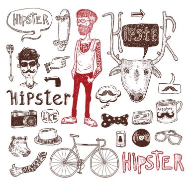 Hipster kümesi doodle, çizilen illüstrasyon ver..   